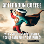 A person in a coffee-themed superhero costume, flying through the air with a coffee mug as their emblem.